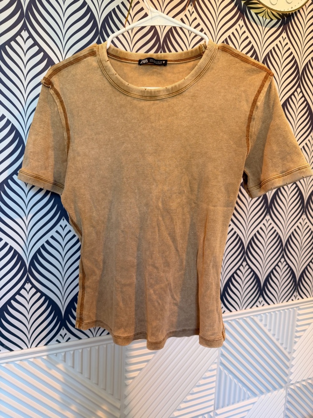 Zara Washed Tan Short Sleeve Crewneck Top
